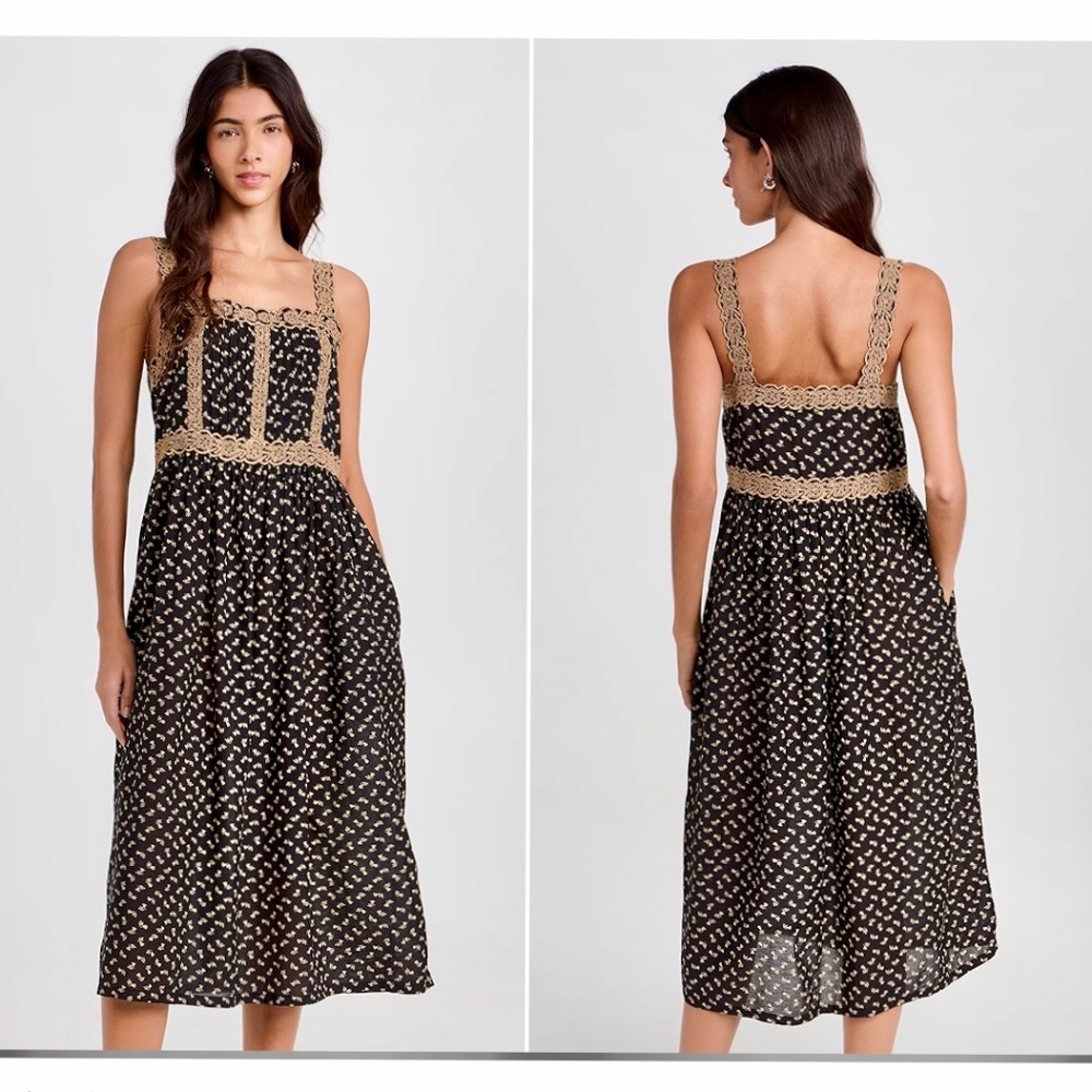 Black & Tan Crochet Trim Midi Dress